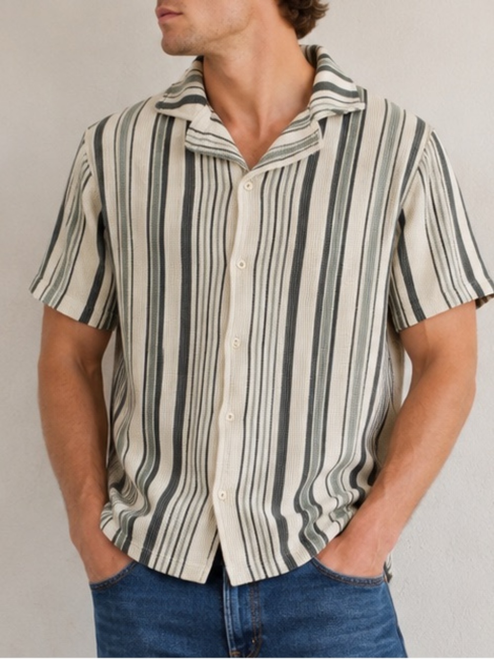 Larsson & Co Men’s Small Striped Waffle Knit Button Down Shirt 100% Cotton